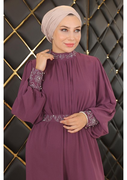 Taş Detaylı Şifon Tulum Abiye Mürdüm MSW19153-4 fiyatları