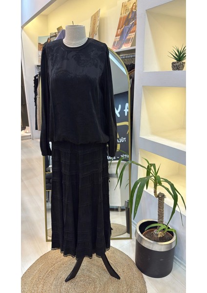 Cupro Dantelli Etek Takım 38025 Siyah