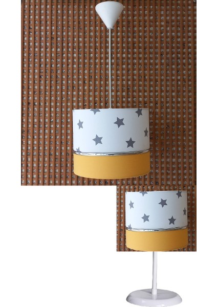 Beyaz Yıldızlı Sarı 2.li Set M-0392 Kumaş Kaplama Genç ve Çocuk Odası Avize ve Abajur Takımı