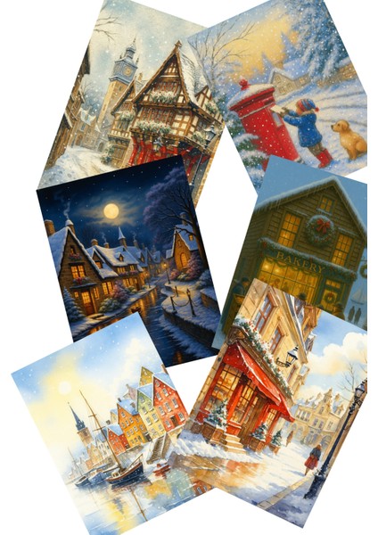 9 Farklı Simli Kartpostal Seti Yılbaşı Yeniyıl Manzara Nostalji Kırmızı Post Kutusu Model -1