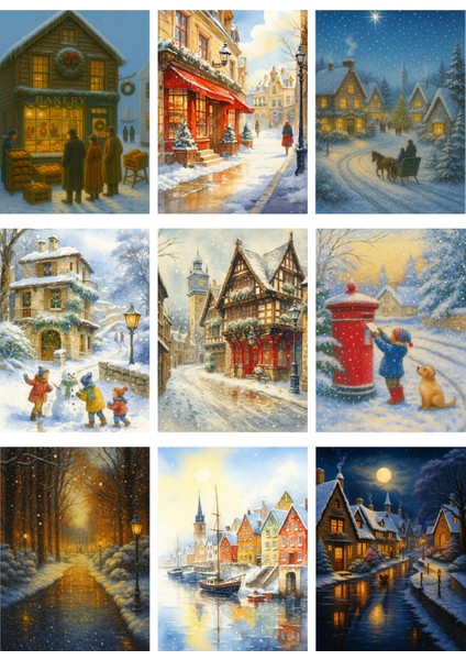 9 Farklı Simli Kartpostal Seti Yılbaşı Yeniyıl Manzara Nostalji Kırmızı Post Kutusu Model -1 fiyatları