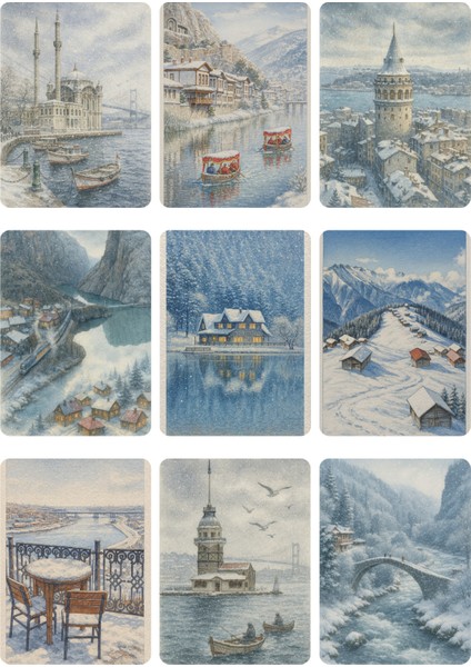 9 Adet Simli Kartpostal Seti Yılbaşı Yeniyıl Nostalji Anadoludan Manzaralar Model -8