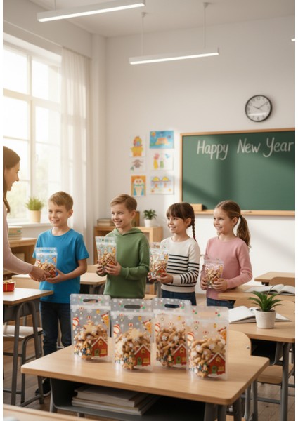 10 Adet Yılbaşı Temalı Kurabiye Şeker Çikolata Poşeti Tekrar Kullanılabilir Dipli Hediye Poşeti fırsatları