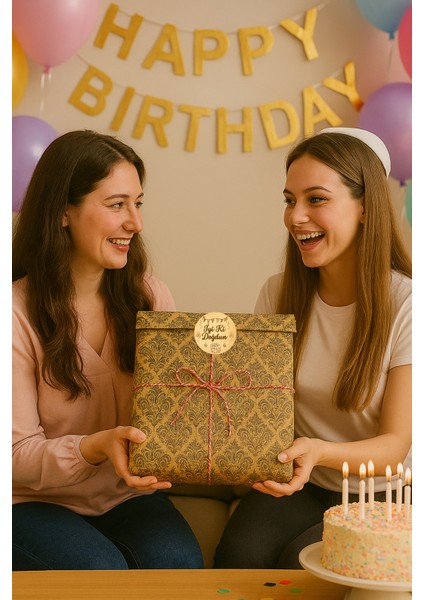 3lu Set Damask Desenli Doğum Günü Hazır Hediye Paketi Seti (30X40 Paket+Ip+ Etiket-8cm)