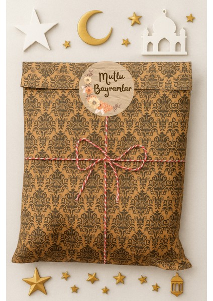 3lu Set Damask Desenli Bayrama Özel Hazır Hediye Paketi Seti (30X40 Paket+Ip+ Etiket-8cm)