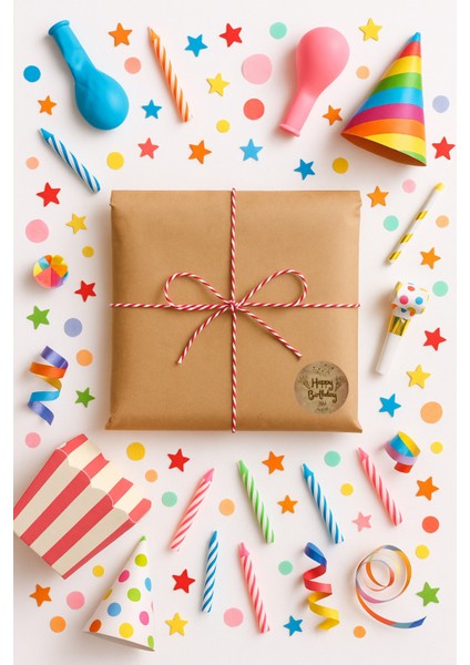 3lu Set Orta Boy Doğum Günü (Happy Birthday) Hediye Paketi Seti (22X35 Paket+Ip+ Etiket-6cm)
