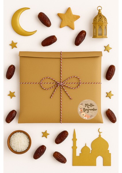 3lu Set Orta Boy Bayrama Özel Hediye Paketi Seti (22X35 Paket+Ip+ Etiket-6cm)