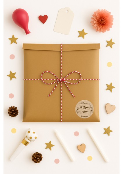 3lu Set Orta Boy Özel Gün (I Love You) Hediye Paketi Seti (22X35 Paket+Ip+ Etiket-6cm)
