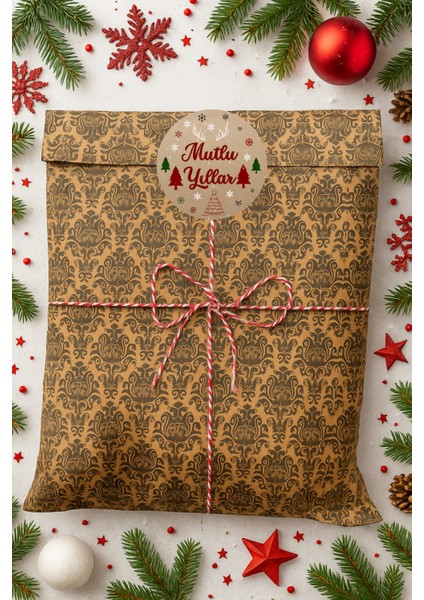 3lu Set Damask Desenli Yılbaşı Hazır Hediye Paketi Seti (30X40 Paket+Ip+ Etiket-8cm)