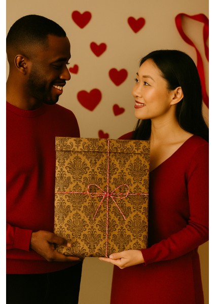 3lu Set Damask Desenli Sevgililer Günü Hazır Hediye Paketi Seti (30X40 Paket+Ip+ Etiket-8cm) modelleri