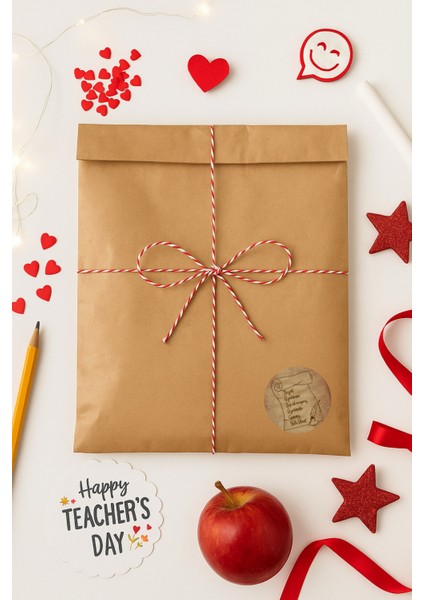 3lu Set Orta Boy Öğretmenler Günü Hediye Paketi Seti (22X35 Paket+Ip+ 6cm-Etiket)