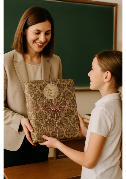 3lu Set Damask Desenli Öğretmenler Günü Hazır Hediye Paketi Seti (30X40 Paket+Ip+ Etiket-8cm) fiyatları