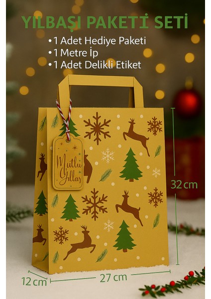 Set (Ip+Hediye Paketi+Kart) Mega Boy Yılbaşı Temalı Flat Saplı Hediye Paketi Seti
