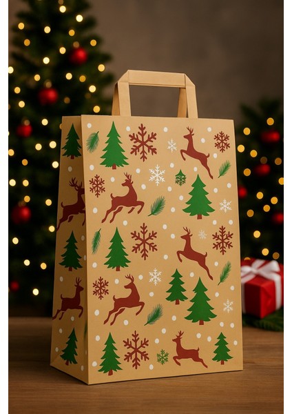 5 Adet Battal Boy Flat Saplı Hediye Paketi Çam Geyik Kar Desenli Kraft Çanta