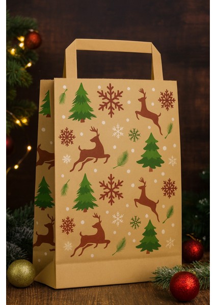 5 Adet Battal Boy Flat Saplı Hediye Paketi Çam Geyik Kar Desenli Kraft Çanta fiyatları