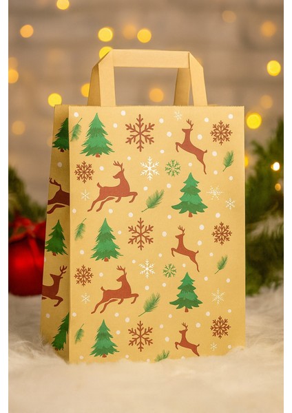 5 Adet Battal Boy Flat Saplı Hediye Paketi Çam Geyik Kar Desenli Kraft Çanta modelleri