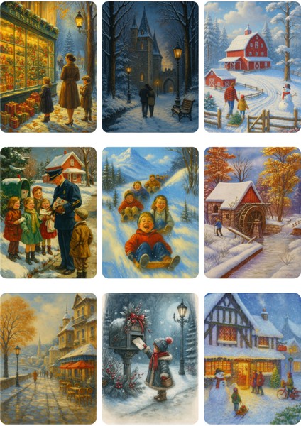 9 Adet Simli Kartpostal Seti Yılbaşı Yeniyıl Manzara Nostalji Postacı Model -3