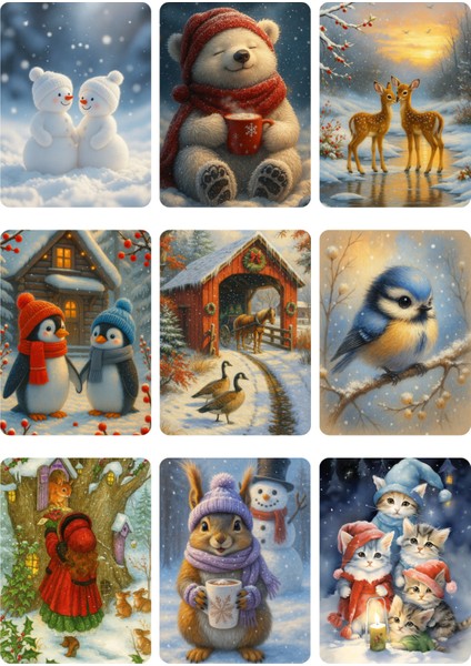 9 Adet Simli Kartpostal Seti Yılbaşı Yeniyıl Manzara Nostalji Sevimli Hayvanlar Model -5