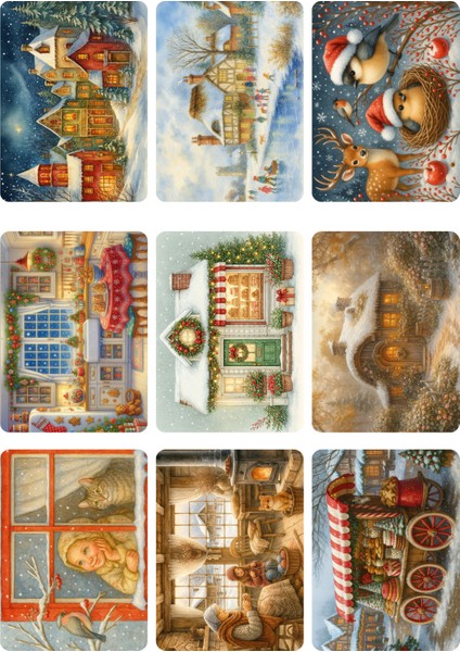 9 Adet Simli Kartpostal Seti Yılbaşı Yeniyıl Manzara Nostalji Yayla Evi Model -7