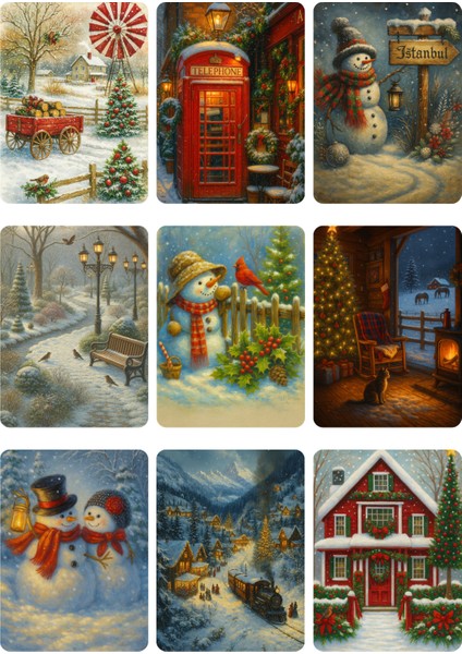 9 Adet Simli Kartpostal Seti Yılbaşı Yeniyıl Manzara Nostalji Telefon Kulübesi Model -4