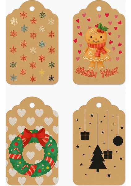 20 Farklı Kraft Paketleme Kartı Yılbaşı Temalı Delikli Etiket Rustik Noel Tasarımları (Sadece Kart)