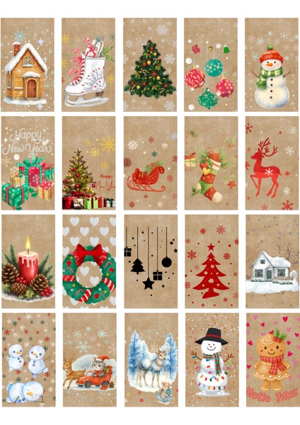 20 Farklı Kraft Paketleme Kartı Yılbaşı Temalı Delikli Etiket Rustik Noel Tasarımları (Sadece Kart) modelleri
