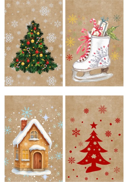 20 Farklı Kraft Paketleme Kartı Yılbaşı Temalı Delikli Etiket Rustik Noel Tasarımları (Sadece Kart)