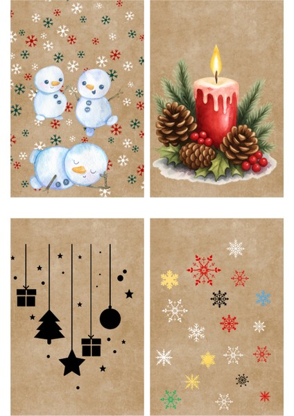20 Farklı Kraft Paketleme Kartı Yılbaşı Temalı Delikli Etiket Rustik Noel Tasarımları (Sadece Kart)
