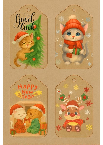 20 Adet Farklı Kraft Paketleme Kartı Yılbaşı Temalı Delikli Etiket Sevimli Dostlar (Sadece Etiket)