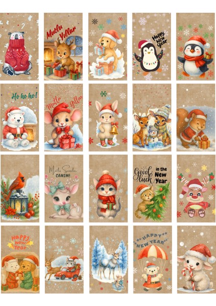 20 Adet Farklı Kraft Paketleme Kartı Yılbaşı Temalı Delikli Etiket Sevimli Dostlar (Sadece Etiket) fırsatları