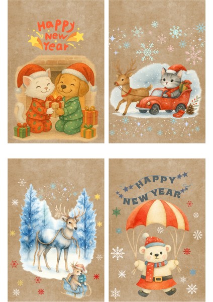 20 Adet Farklı Kraft Paketleme Kartı Yılbaşı Temalı Delikli Etiket Sevimli Dostlar (Sadece Etiket)