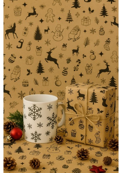 40 Adet Kraft Üzeri Siyah Desenli Yılbaşı Hediye Kağıdı Paketleme Kağıdı 25X35