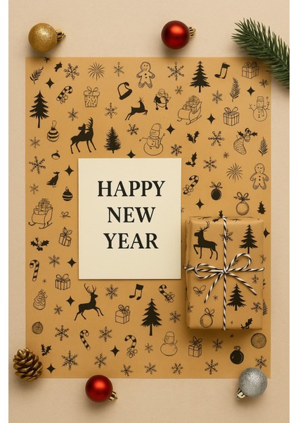 40 Adet Kraft Üzeri Siyah Desenli Yılbaşı Hediye Kağıdı Paketleme Kağıdı 25X35 fiyatları