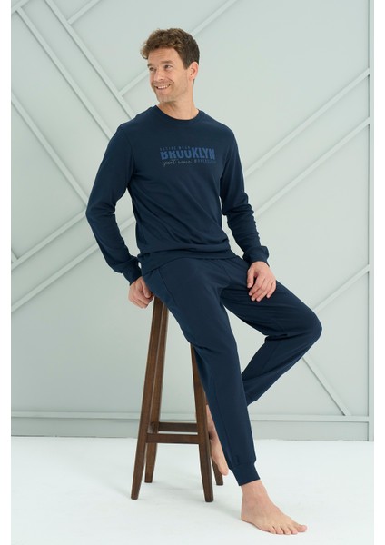 Erkek Interlok Penye Uzun Kol Pijama Takımı 2221 Lacivert fırsatları