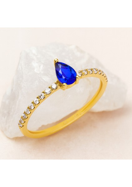 14 Ayar Altın Damla Kesim Safir Yüzük modelleri