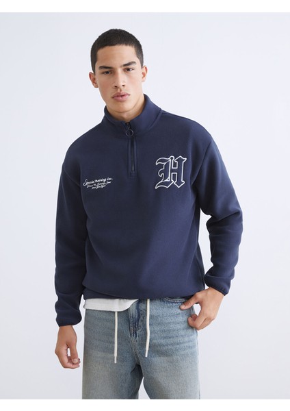 Yeni Sezon Dik Yaka Baskılı Erkek Kalın Sweatshirt