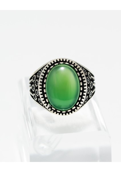 Yeşil Akik Taşlı 925 Ayar Gümüş Erkek Yüzük – Şık Çiçek Tasarım