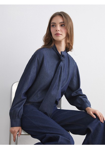 Yeni Sezon Bağlamalı Yaka Kadın Jean Gömlek