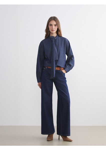 Yeni Sezon Bağlamalı Yaka Kadın Jean Gömlek fiyatları