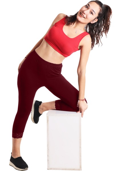 Kadın Dantelli Bordo Renk Kapri (Büyük Beden Seçeneğiyle)