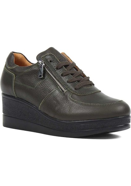 Kadın Haki Bağcıklı Fermuarlı Dolgu Topuklu Deri Ayakkabı fiyatları