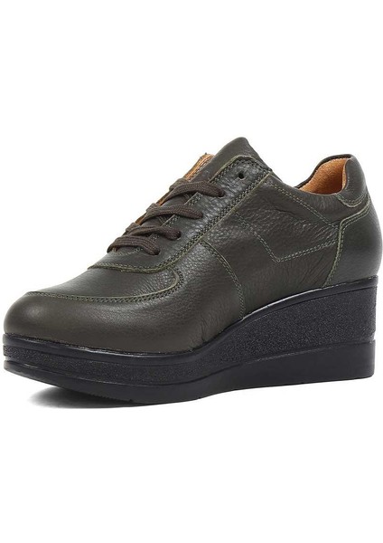 Kadın Haki Bağcıklı Fermuarlı Dolgu Topuklu Deri Ayakkabı modelleri