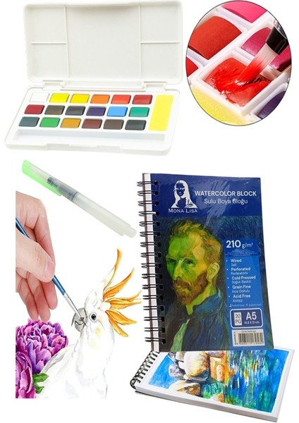 18 Renk Tablet Sulu Boya ve A5 Telli Suluboya Bloğu Kağıdı A5 210GR 20 Yaprak Ince Dokulu Taş Suluboya Plastik Kutulu