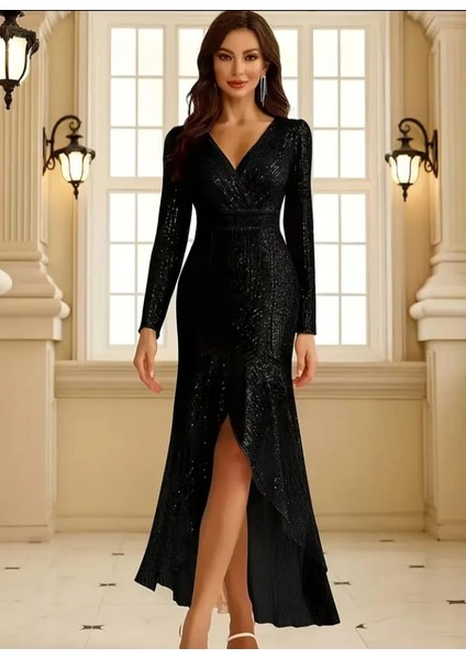 Uzun Koll Kruvaze Yaka Pulpayetli Abiye Elbisesi