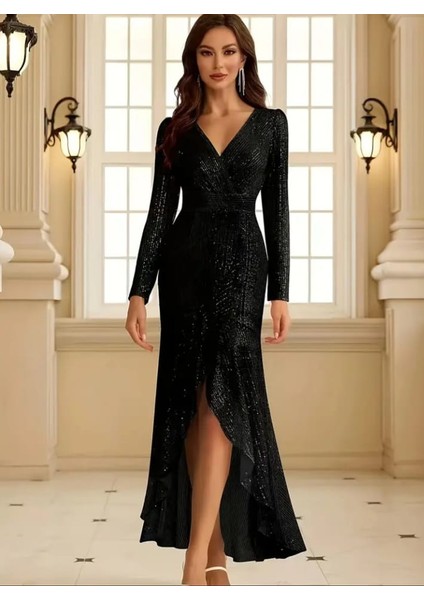 Uzun Koll Kruvaze Yaka Pulpayetli Abiye Elbisesi modelleri