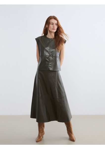 Yeni Sezon Beli Fermuarlı A Kesim Deri Görünümlü Etek