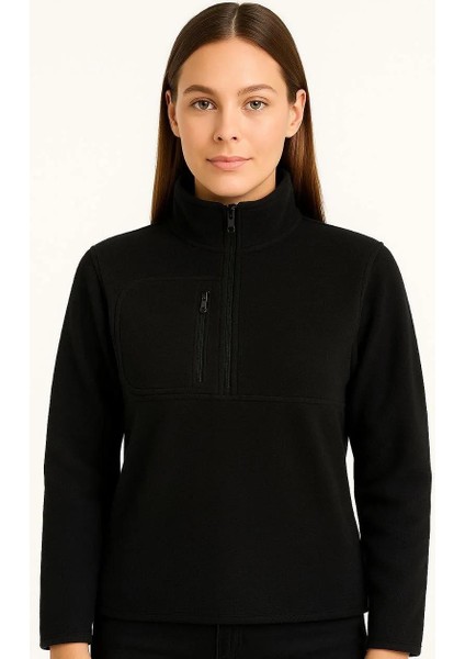 Kadın Polar Kazak – Dik Yaka, Yarım Fermuarlı, Fermuarlı Göğüs Cepli, Siyah Biyeli, Kışlık Rahat Regular Fit Günlük Model - Siyah