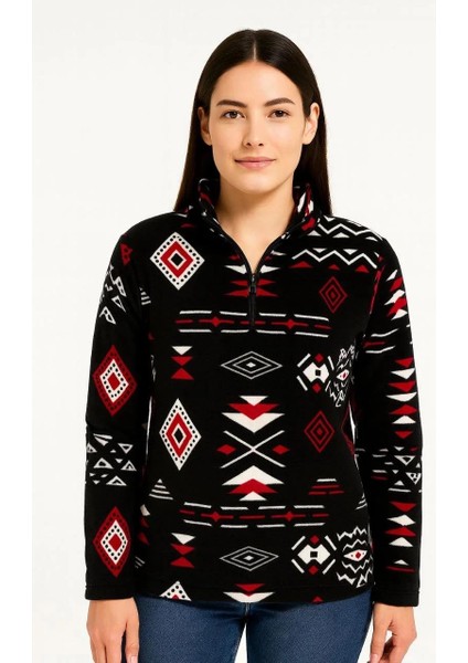 Kadın Yarım Fermuarlı Desenli Polar Sweat Tribal Etnik Desen Yakalı, Uzun Kollu, Oversize Rahat Kalıp - Siyah fiyatları