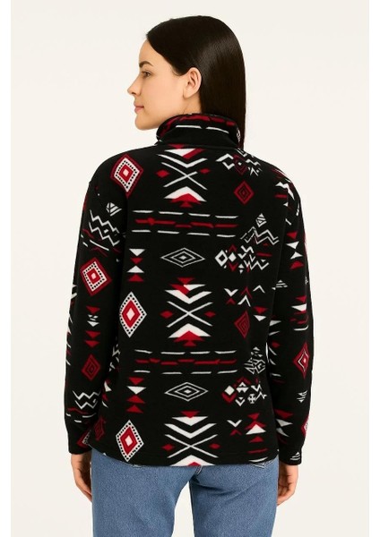 Kadın Yarım Fermuarlı Desenli Polar Sweat Tribal Etnik Desen Yakalı, Uzun Kollu, Oversize Rahat Kalıp - Siyah modelleri