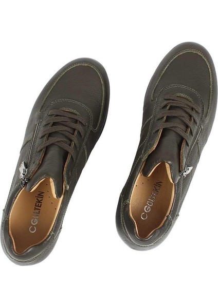 Kadın Haki Bağcıklı Fermuarlı Dolgu Topuklu Deri Ayakkabı